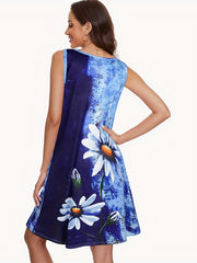 Daisy Print Tie Dye Dress Boho Crew Neck Sleeveless Dress Women's Clothing