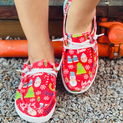 Women's Christmas Cartoon Print Skateboard Shoes Lightweight Low Top Red