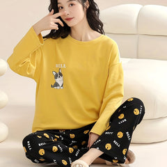Cartoon Dog Print Pajama Set Long Sleeve Top & Pants