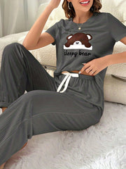 Cartoon Print Lounge Set Short Sleeve Crew Neck Top & Elastic Waistband Pants