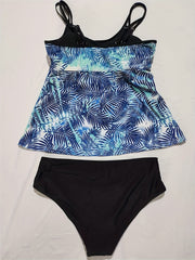 Tropical Print Tankini Set Women's Scoop Neck Swimsuit Two Piece