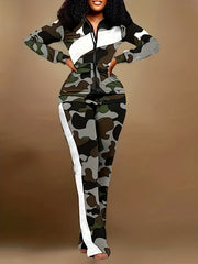 Women's Plus Colorblock Camo Zip Up Mock Neck Coat & Elastic Pants Set