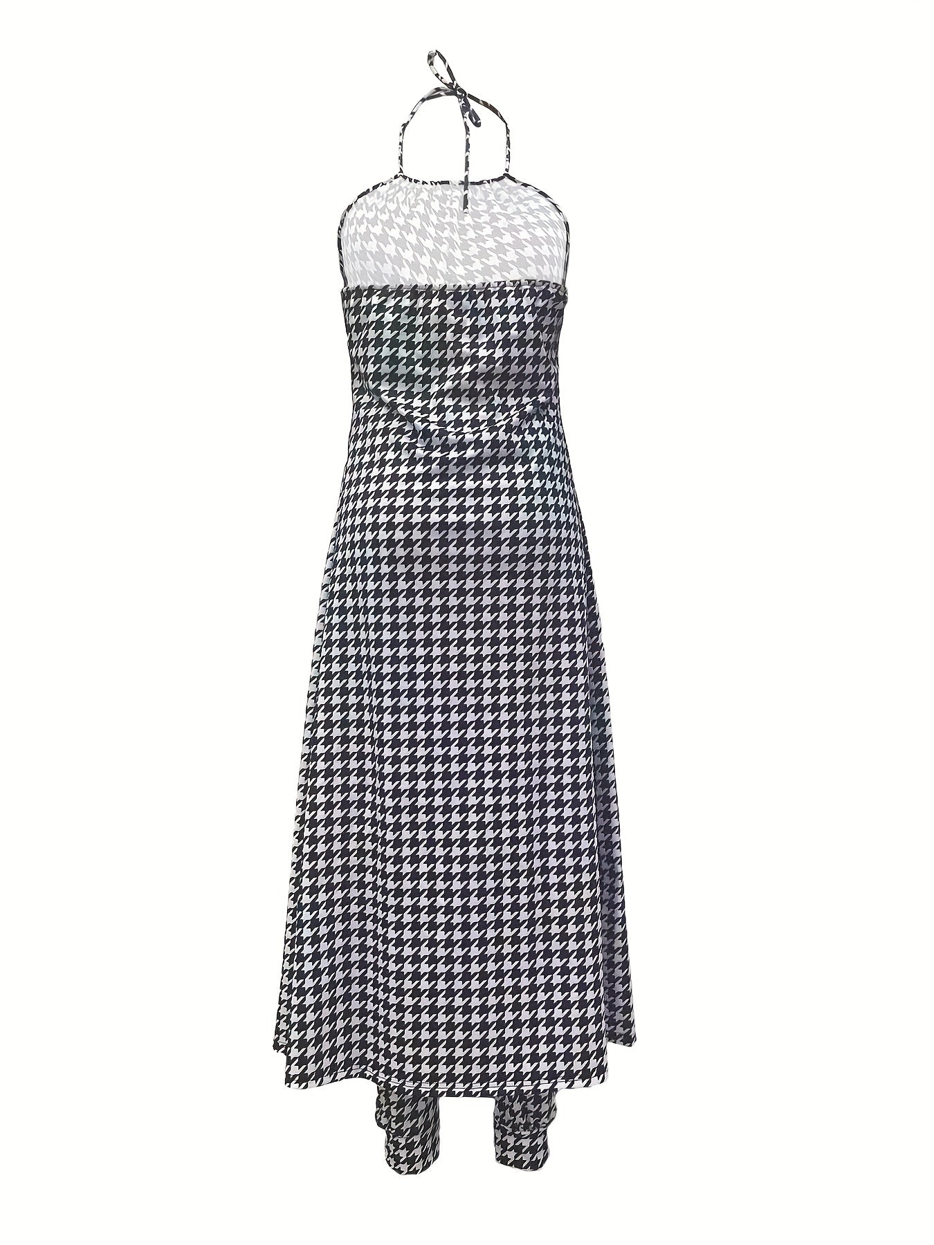 Houndstooth Print 2Pc Set Halter Neck Maxi Dress & High Waist Pants