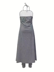 Houndstooth Print 2Pc Set Halter Neck Maxi Dress & High Waist Pants