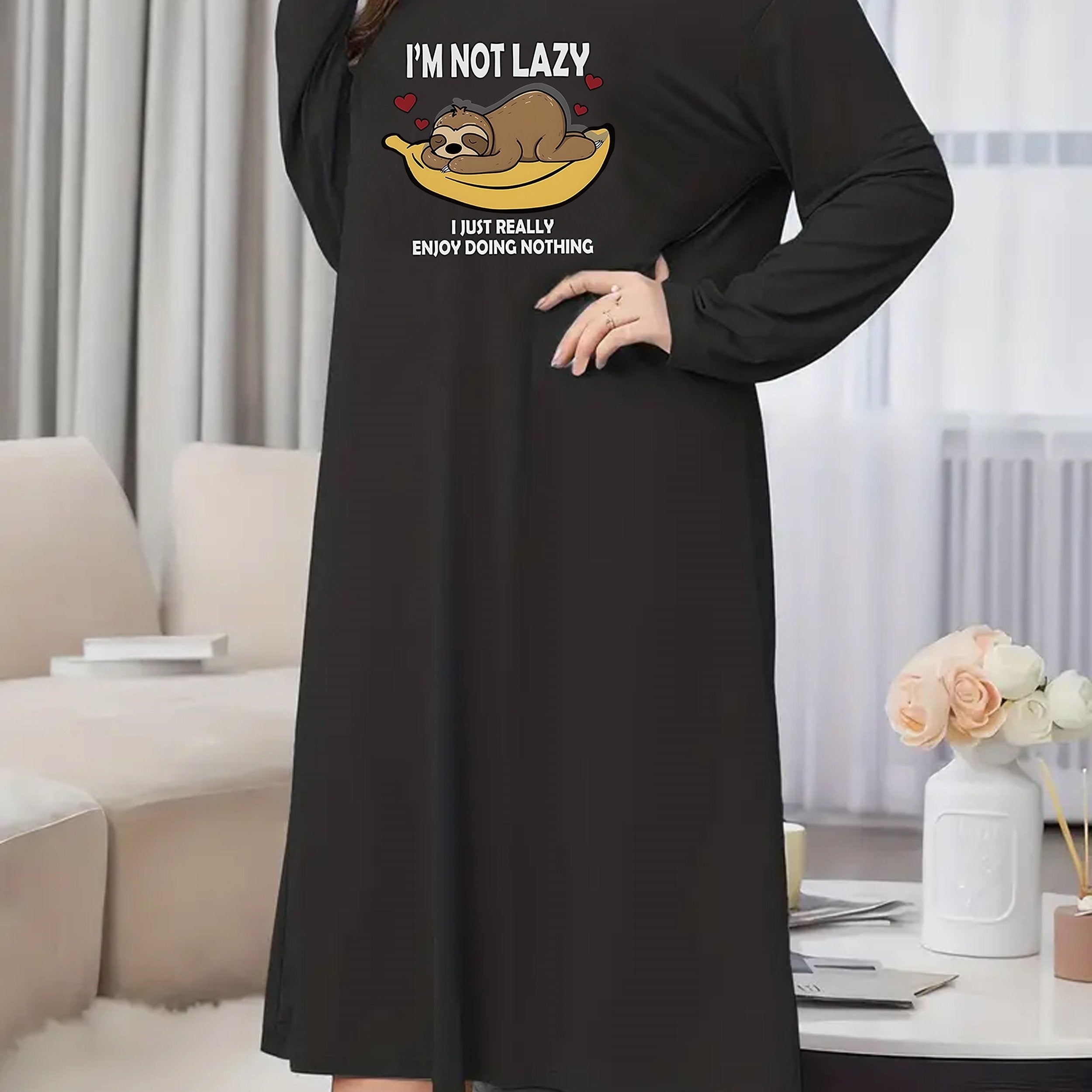 Sleep Sloth & Banana Print Long Sleeve Nightdress