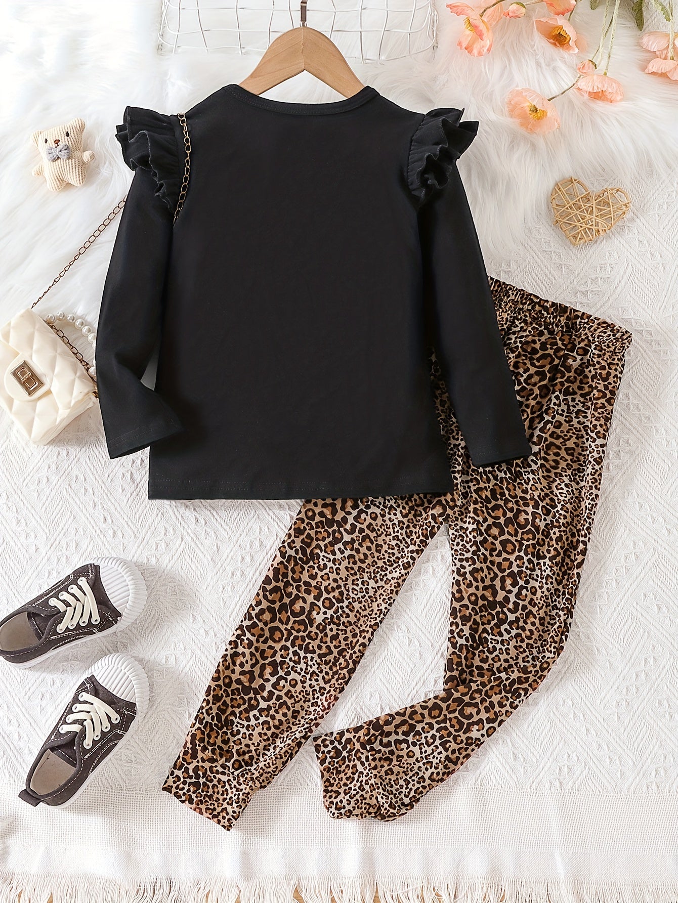 Leopard Heart Graphic Outfit Ruffled Long Sleeve Top & Pants Set