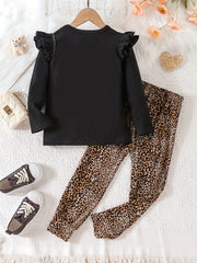 Leopard Heart Graphic Outfit Ruffled Long Sleeve Top & Pants Set