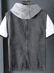 Men's Dark Grey Denim Vest With Hood