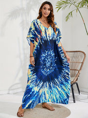 Plus Tie Dye Batwing Sleeve V Neck Maxi Split Kaftan Cover Up Dress