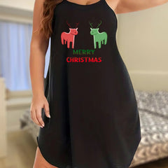 Christmas Nightdress Women's Plus Elk & Slogan Print Round Neck Sleep