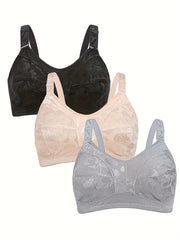 Plus Size Floral Jacquard Full Cover Wireless Mesh Bra