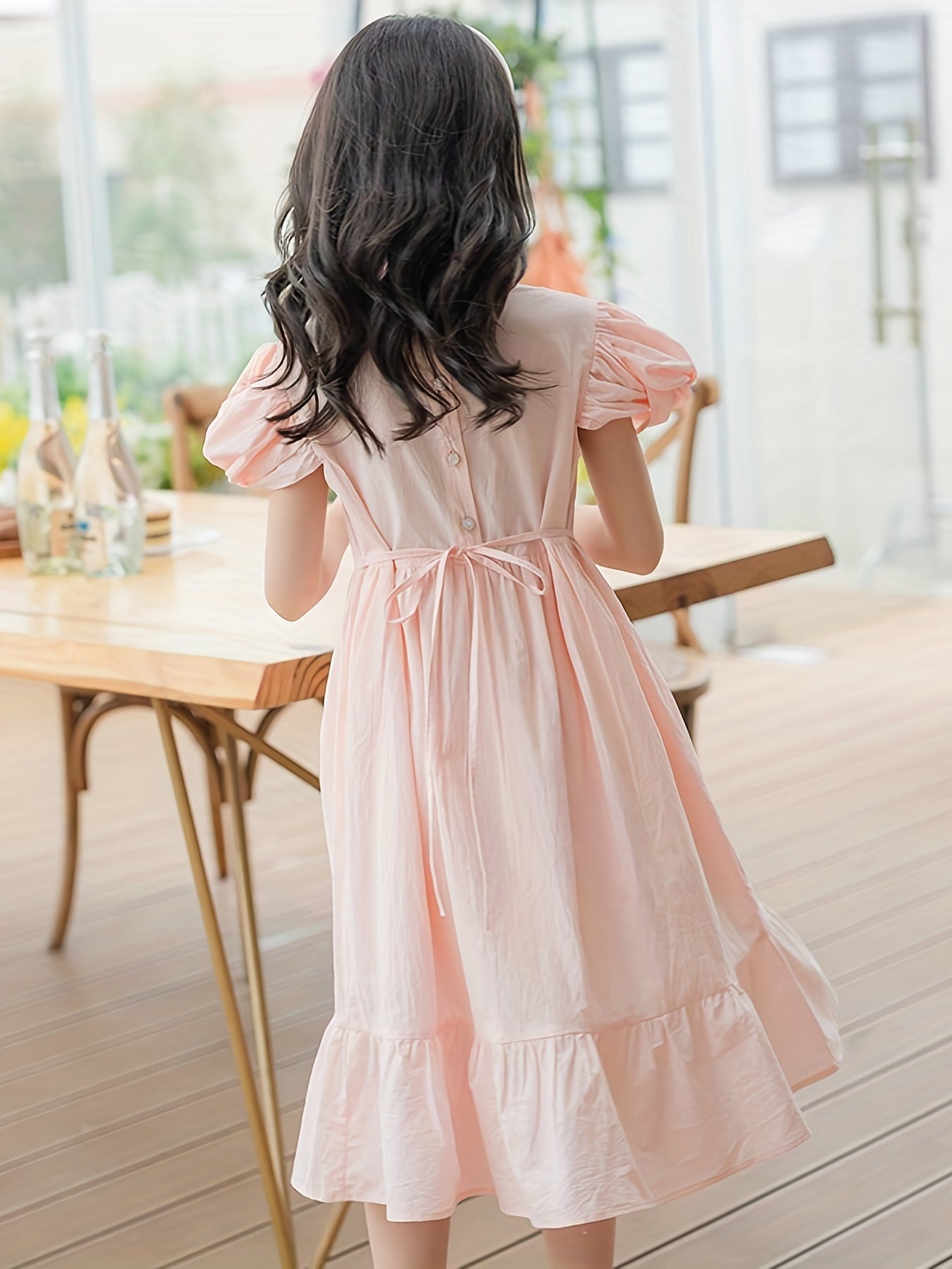 Girl's Summer Cotton Dress Crew Neck Puff Sleeves Bowtie Princess Dress