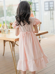 Girl's Summer Cotton Dress Crew Neck Puff Sleeves Bowtie Princess Dress