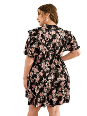 Dress Floral Print Ruffle Puff Sleeve Mini Smock Dress