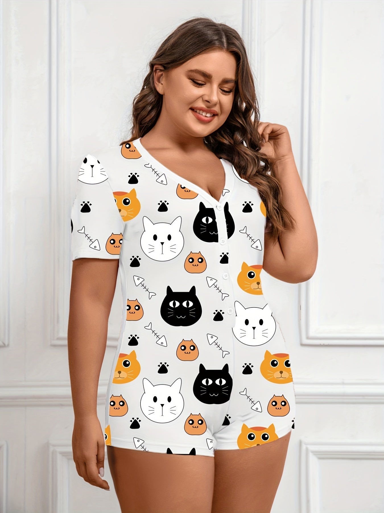 Cartoon Cat Print Pajama Romper Women's Bodysuit