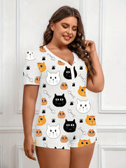 Cartoon Cat Print Pajama Romper Women's Bodysuit