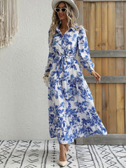 Floral Print Tiered Dress Boho Button Front Long Sleeve Dress