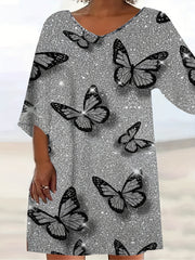 Butterfly Print Half Sleeve V Neck Dress