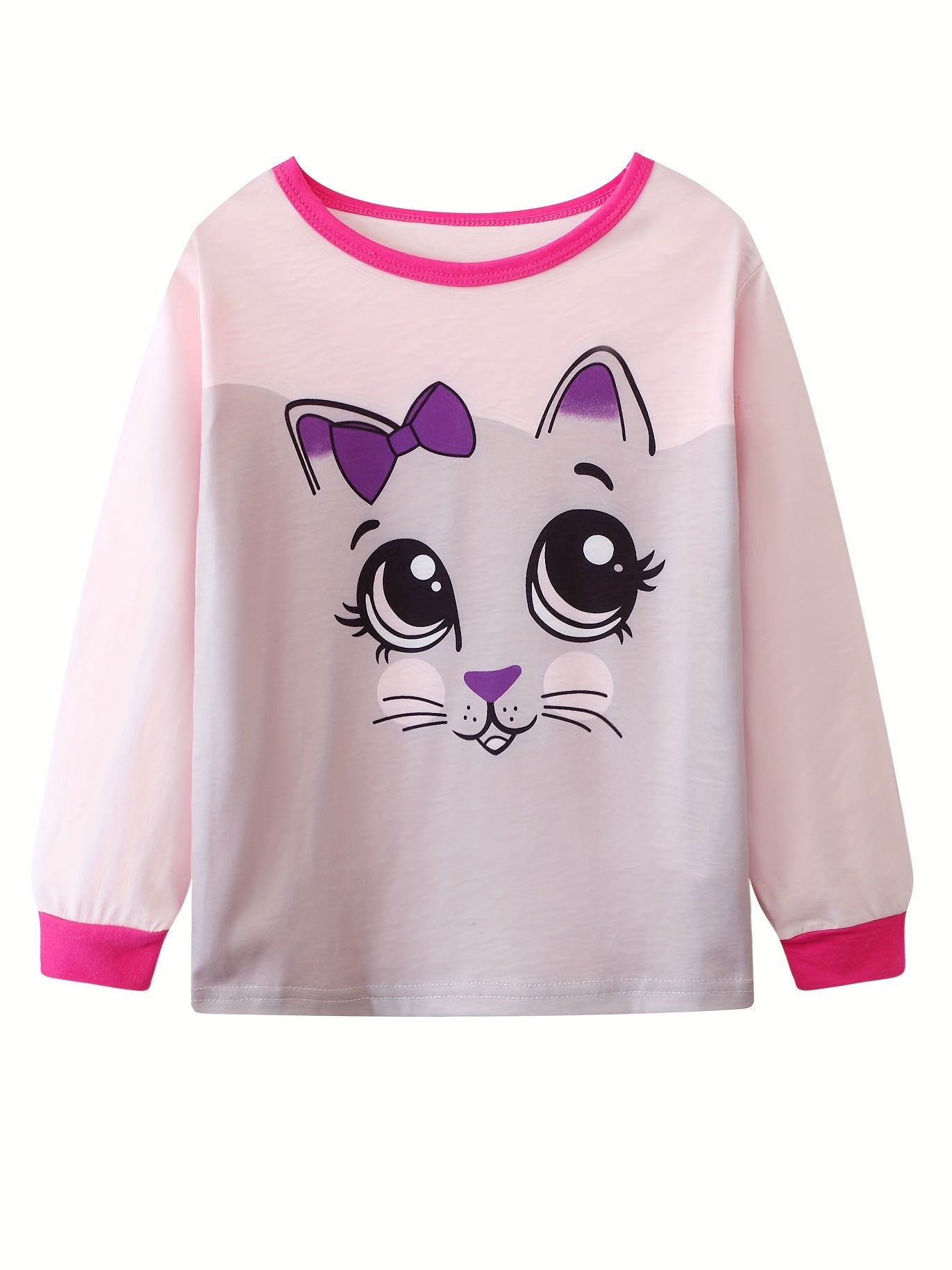 Girls Cat Print Pajamas Set, Long Sleeve Crew Neck Tops & Pants, Pink
