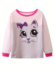 Girls Cat Print Pajamas Set, Long Sleeve Crew Neck Tops & Pants, Pink
