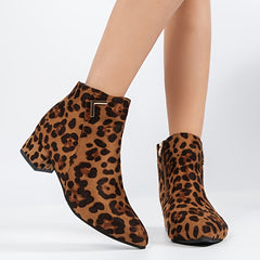 Leopard Chunky Heel Short Boots Women's Ankle Boots Pointed Toe Zip