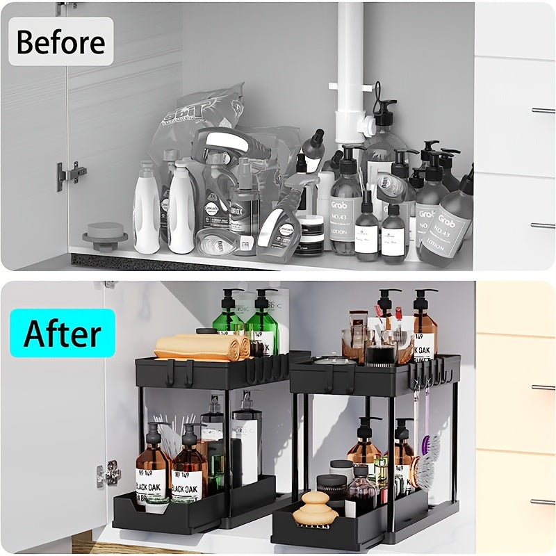 2 Tier Sliding Cabinet Basket Organizer with Hooks for Bathroom