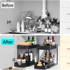 2 Tier Sliding Cabinet Basket Organizer with Hooks for Bathroom