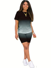 Gradient Casual 2pc Set Crew Neck Tee & Slim Shorts Outfits Women's Clothing