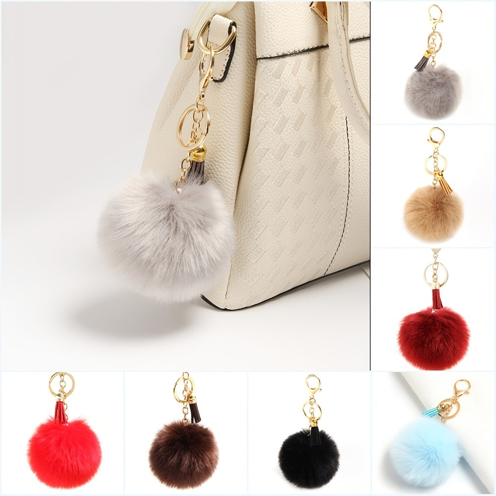 Fluffy Pom Pom Keychains Faux Rabbit Fur Pompom Silver Keyring Accessories