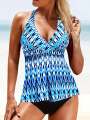 Tankini Set Allover Print Wrap V Neck Halter Top & Panty 2 Piece Set