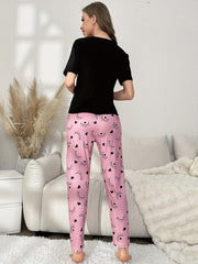 Eyelash Print Pajama Set Short Sleeve Top & Pants