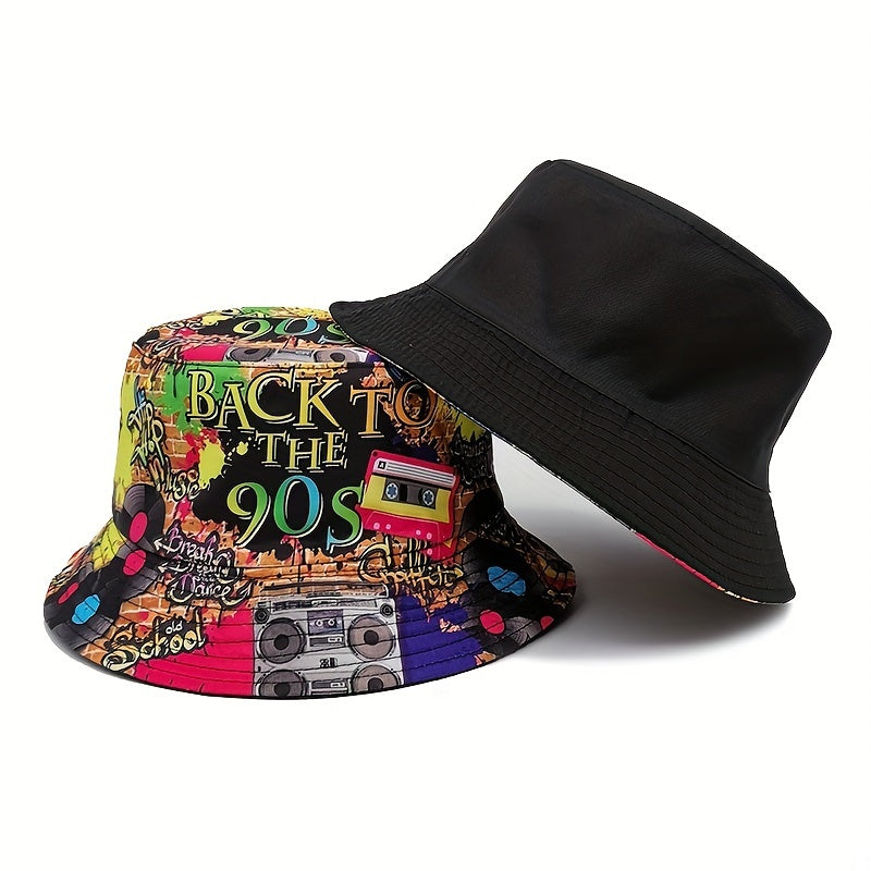 Retro 90S Print Bucket Hat Magnetic Strap Sun Hat Beach Basin Hat