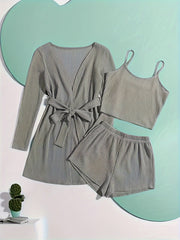 Solid Waffle Lounge Set Long Sleeve Robe & Crew Neck Cami Top & Shorts