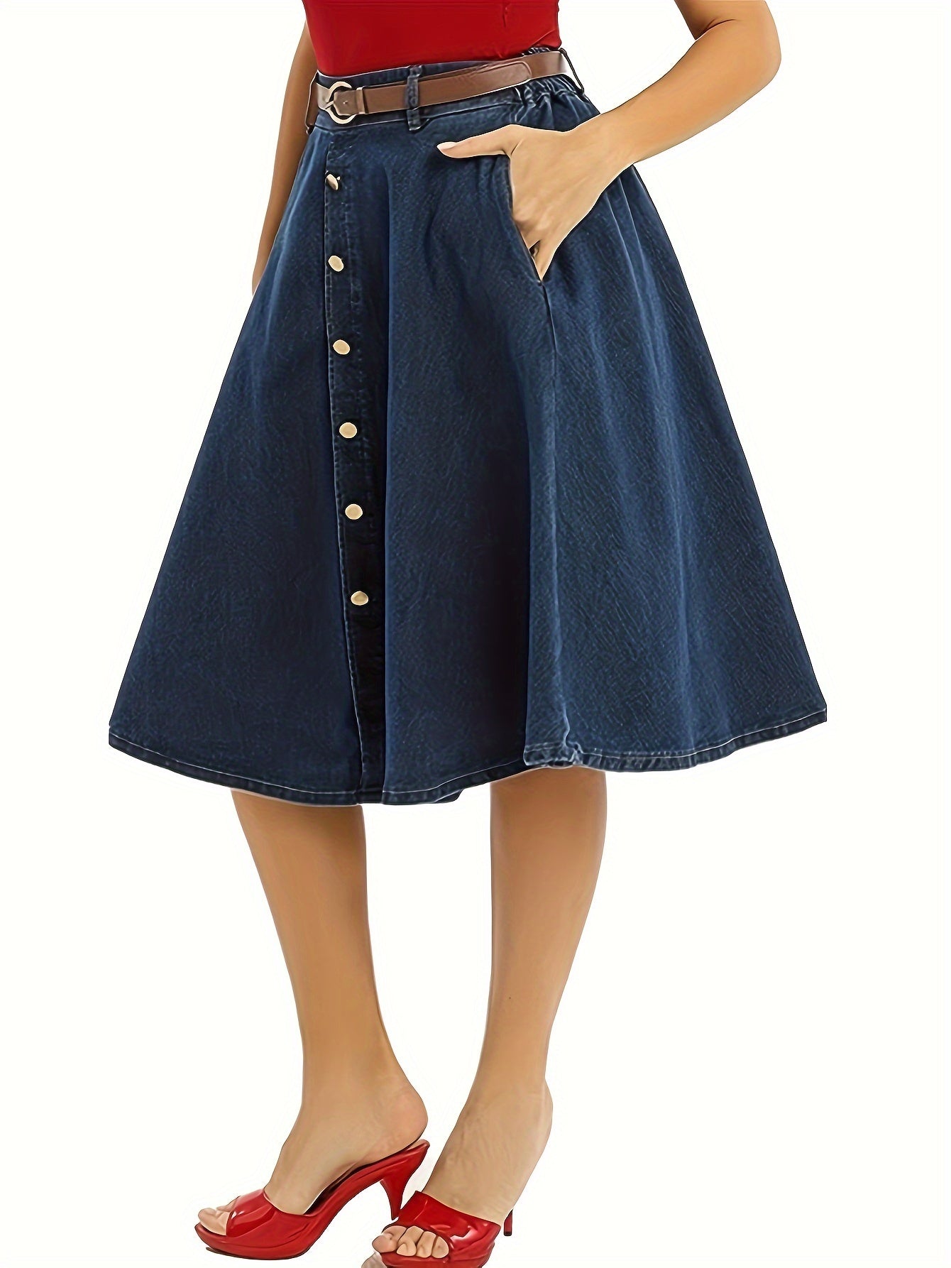 Retro Denim Skirt Button Front High Waist Midi Skirt With Pockets