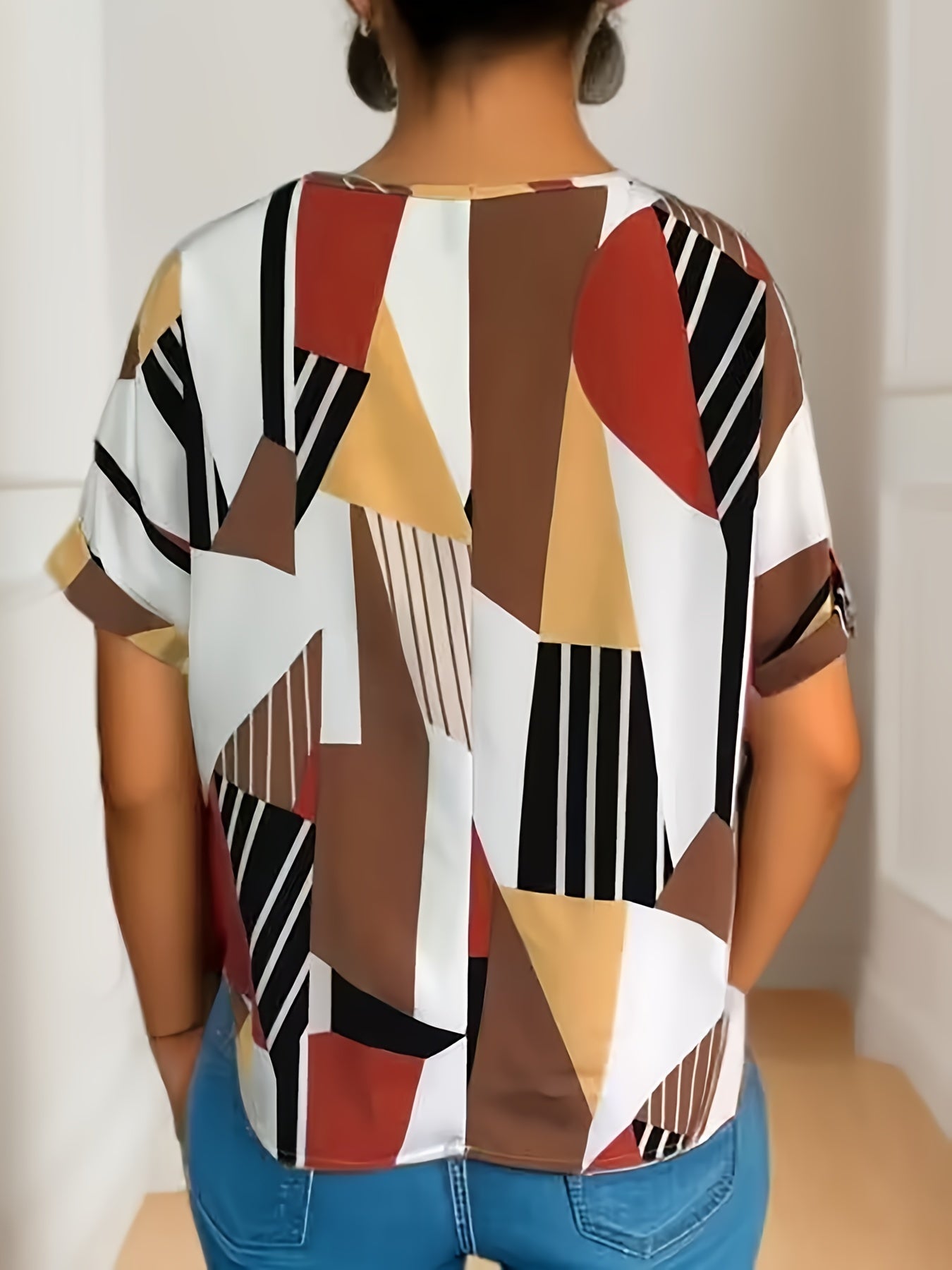 Colorblock Geometric Print V Neck Blouse