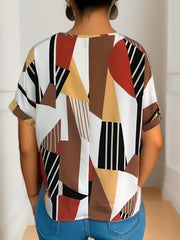 Colorblock Geometric Print V Neck Blouse