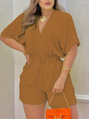 Shirred Drawstring Waist Romper Jumpsuit V neck Casual Women's Clothing