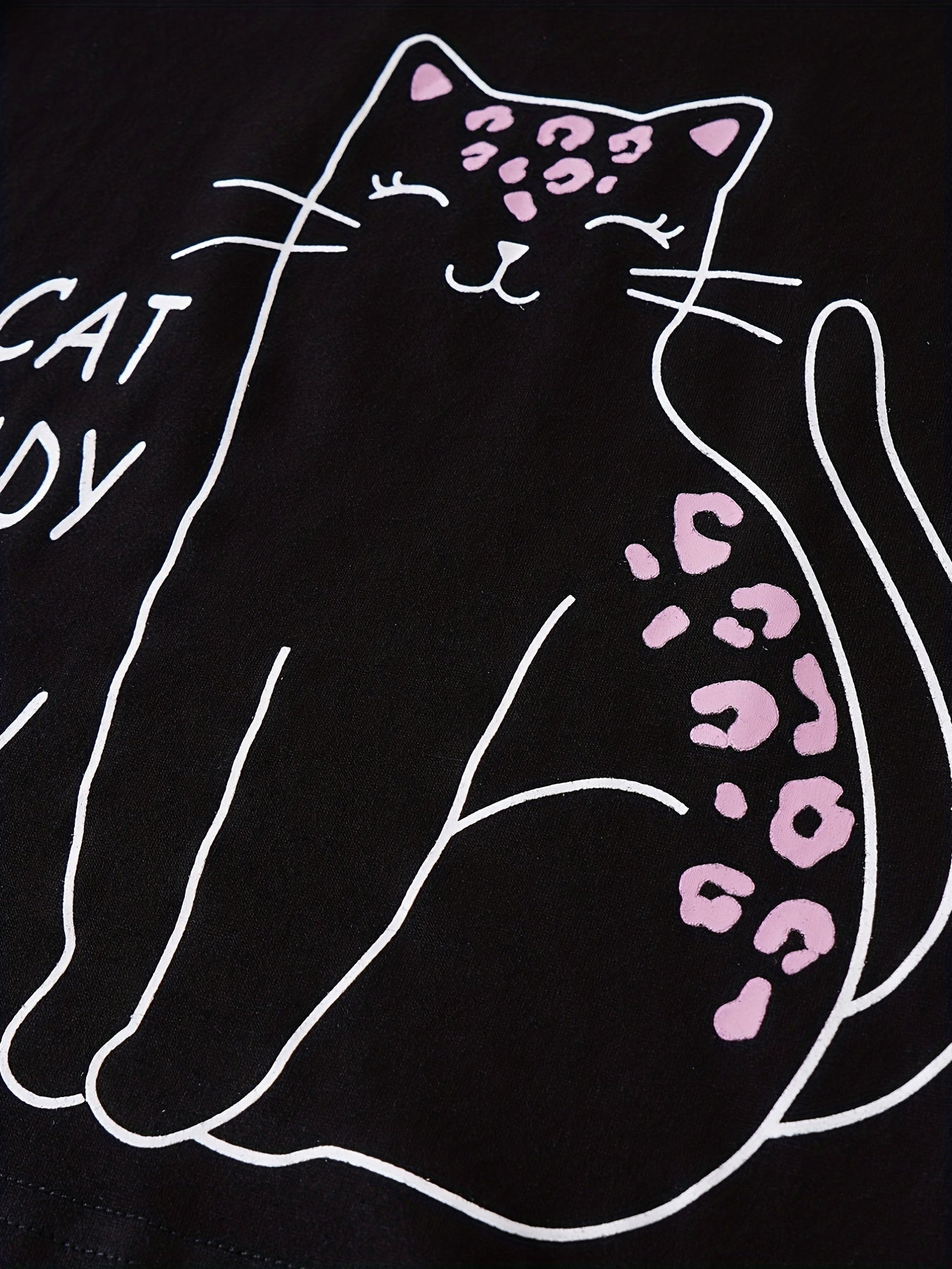 Girls Leopard Print Pajamas Set with Cat Cartoon Top