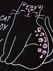 Girls Leopard Print Pajamas Set with Cat Cartoon Top