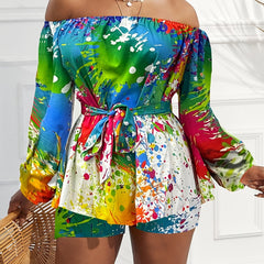 Women's Plus Paint Print Off Shoulder Top & Shorts Set