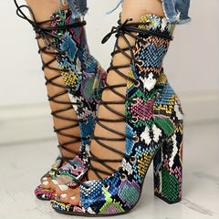 Snakeskin Sandals Boots Lace Up Peep Toe Chunky Heel Shoes
