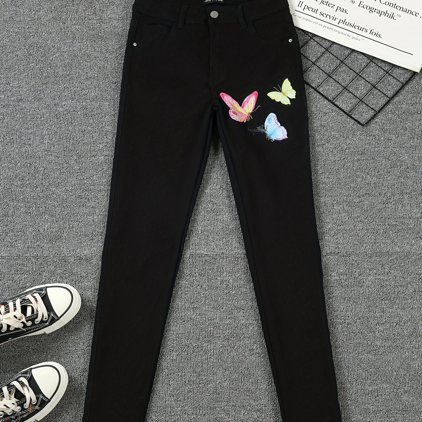 Butterfly Print Stretchy Denim Pants Skinny Jeans