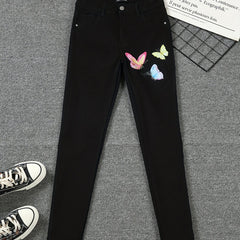 Butterfly Print Stretchy Denim Pants Skinny Jeans