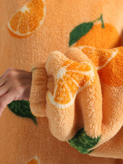 Fruit Print Fuzzy Lounge Robes Hooded Long Sleeve With Pockets