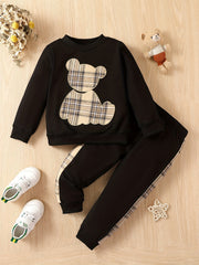 Boys 2pcs Sweatshirt & Elastic Waist Pants Plaid Bear Patched