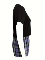 Colorblock Plaid Pajamas Set Short Sleeve Crew Neck Top & Shorts