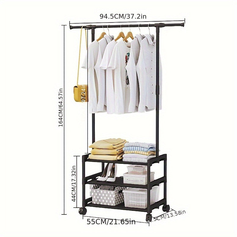 Metal Clothes Rack With 2 Layer Storage Shelf & Wheels Easy Assembly