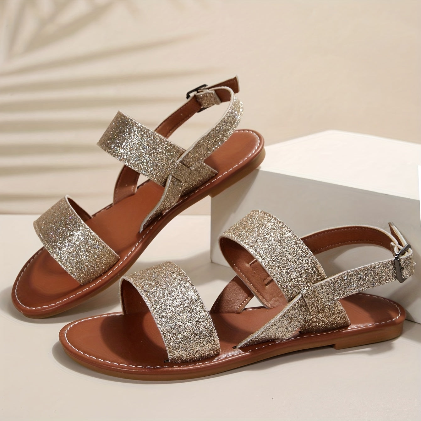 Glitter Sequins Flat Sandals with Buckle Strap