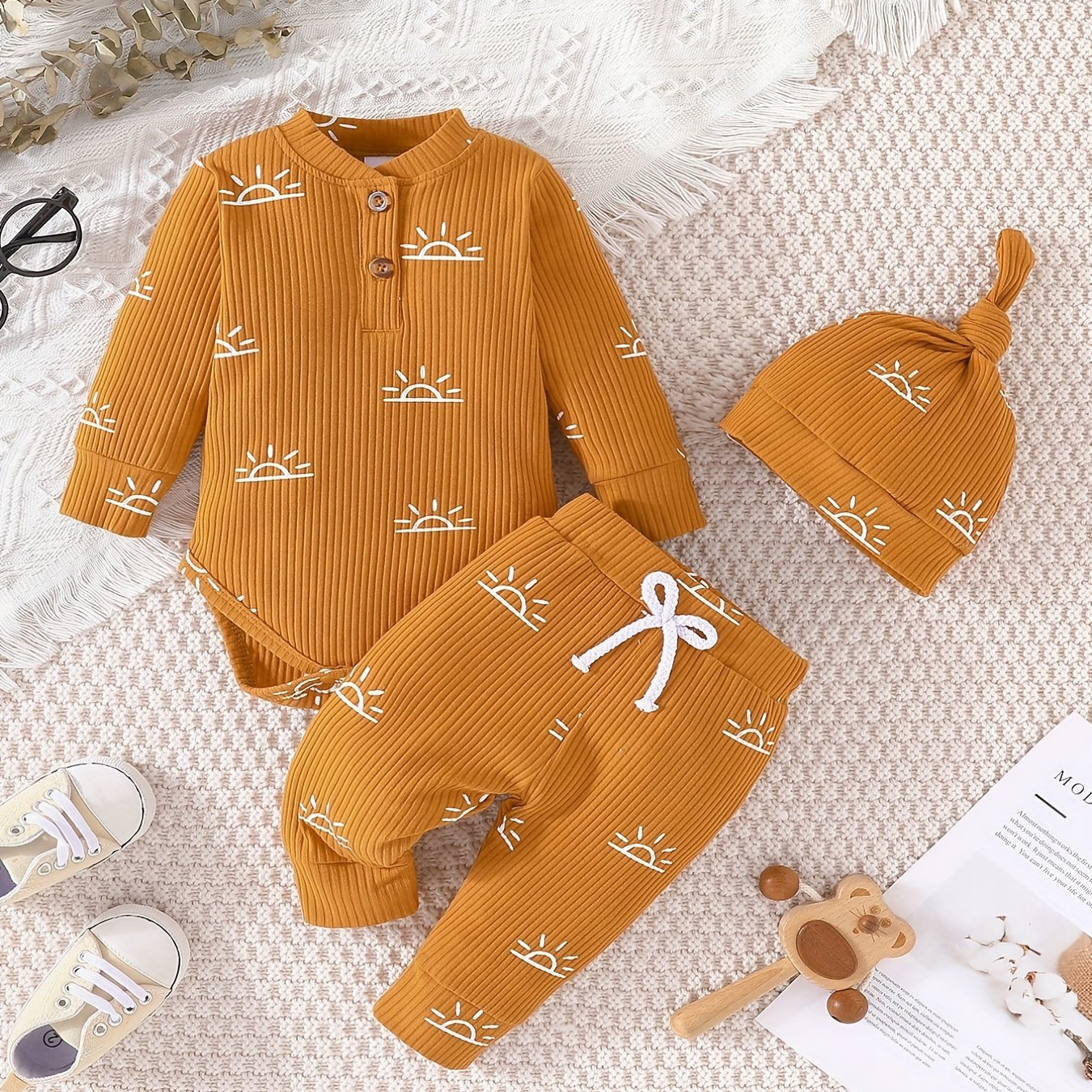 Infant Baby Boy Clothes Ribbed Knitted Sun Print Long Sleeve Romper