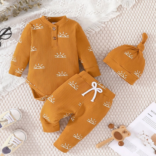 Infant Baby Boy Clothes Ribbed Knitted Sun Print Long Sleeve Romper